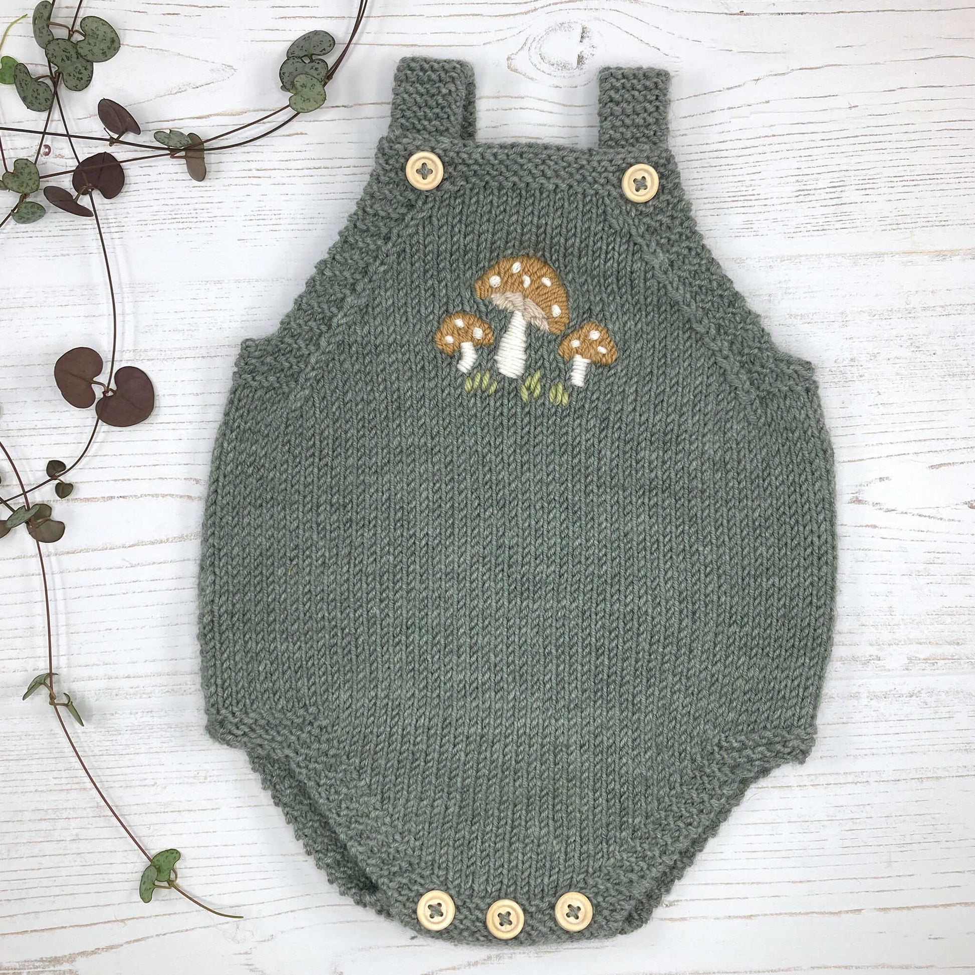 Knitting Pattern For Baby Romper Suit With Toadstool Embroidery