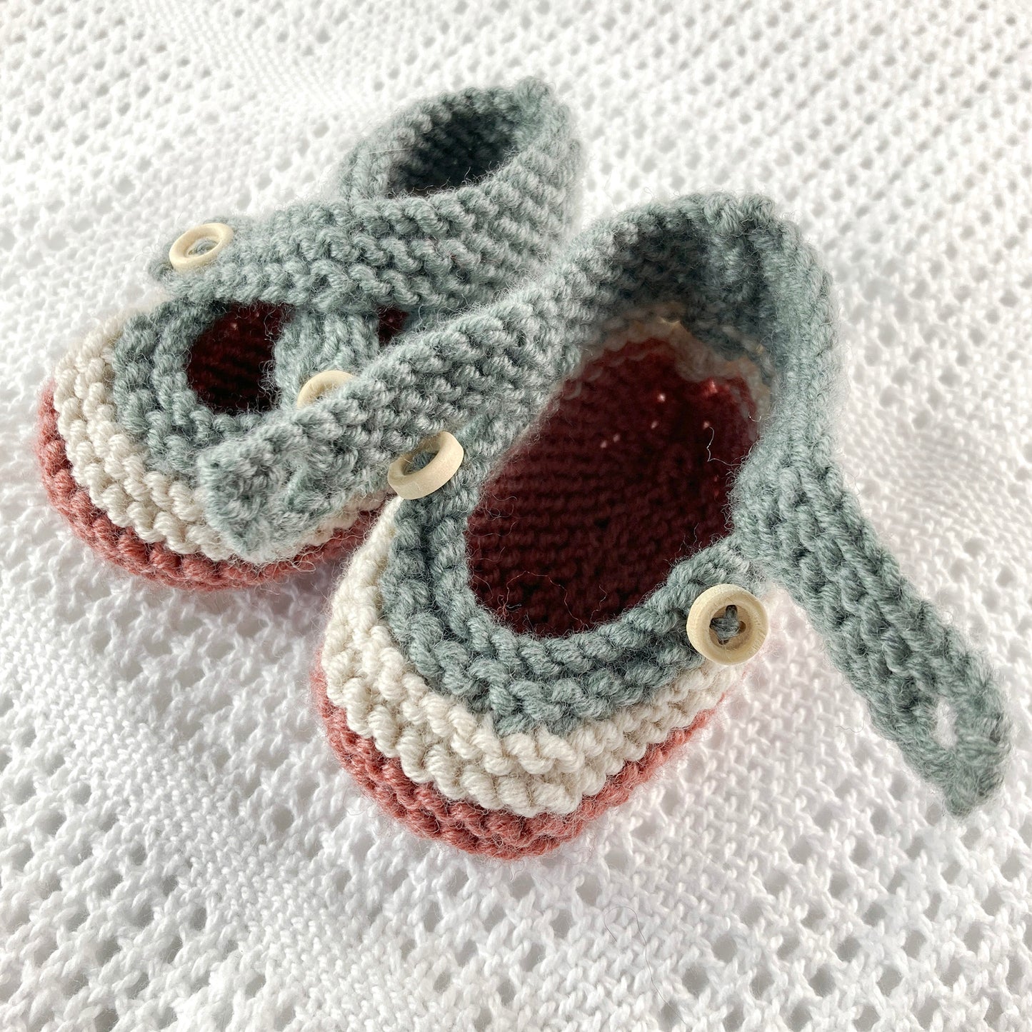 a knitting pattern for button fastening baby shoes
