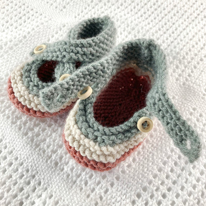 a knitting pattern for button fastening baby shoes