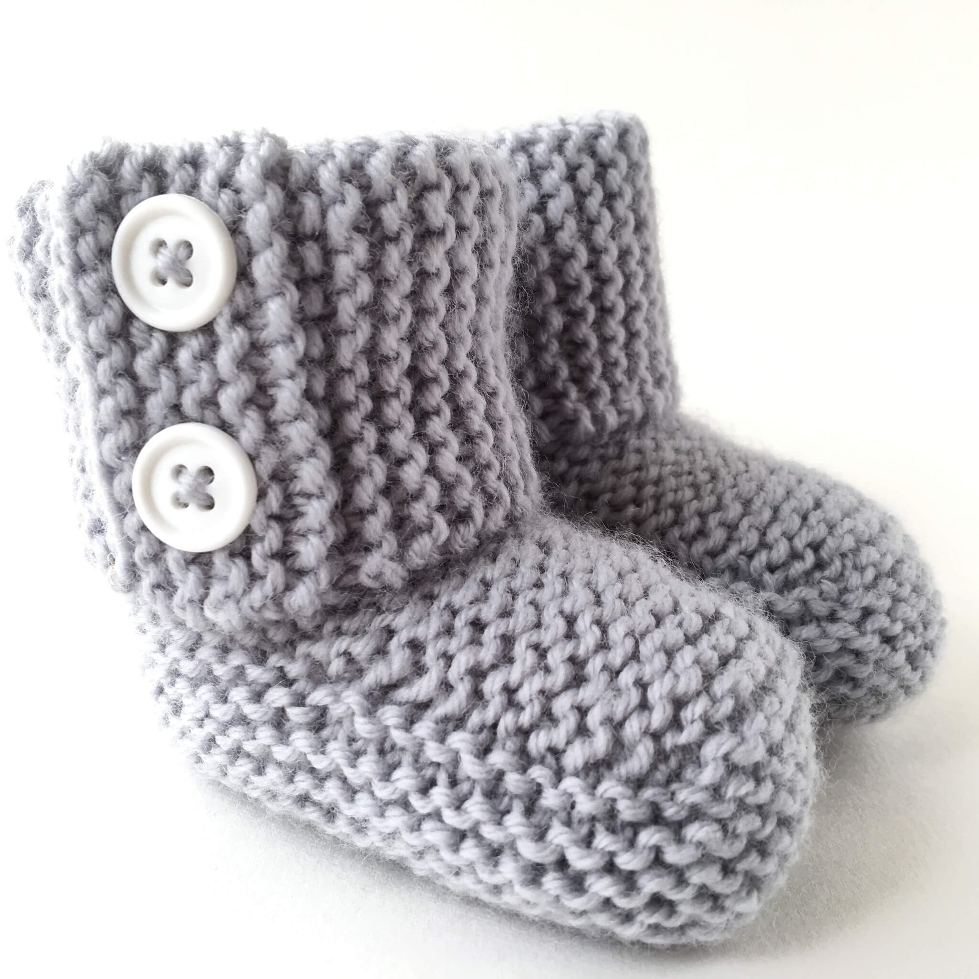 a simple knitting pattern for booties. the booties shown are knit in grey yarn